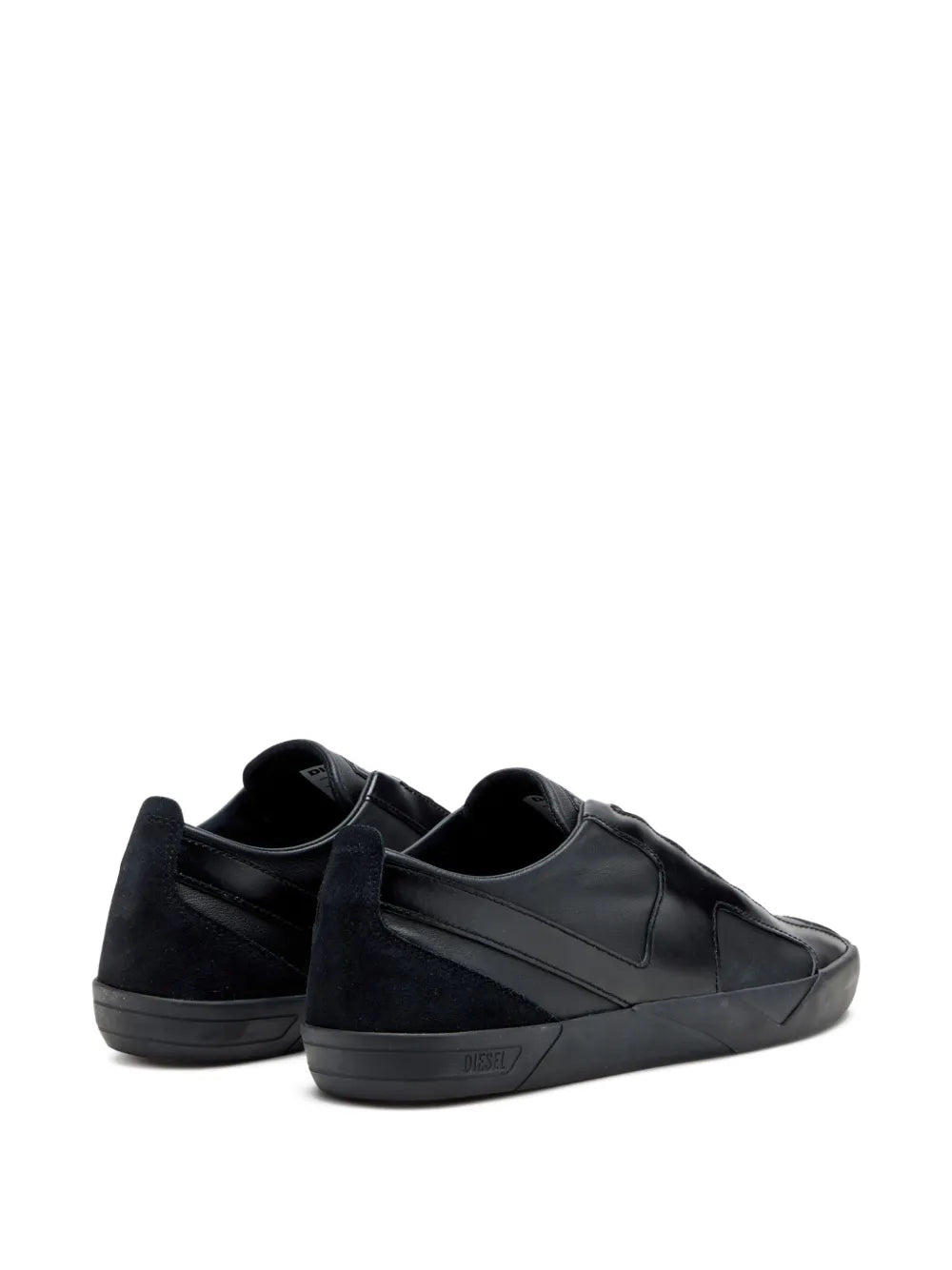 Black leather lace-up sneakers shown from heel and side