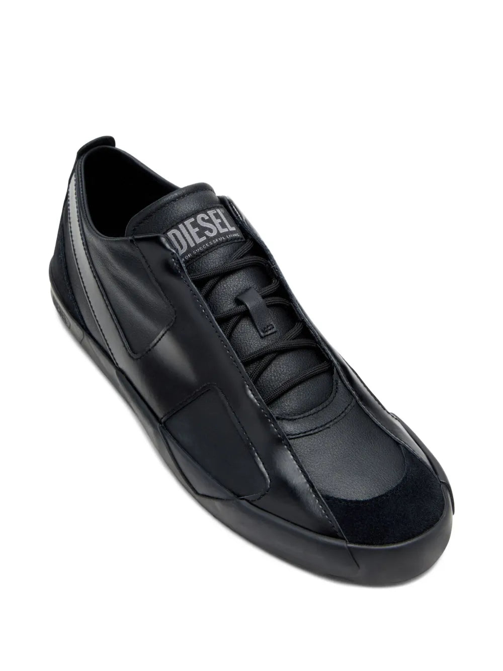 Black leather lace-up sneakers with side stripe stitching and rounded toe