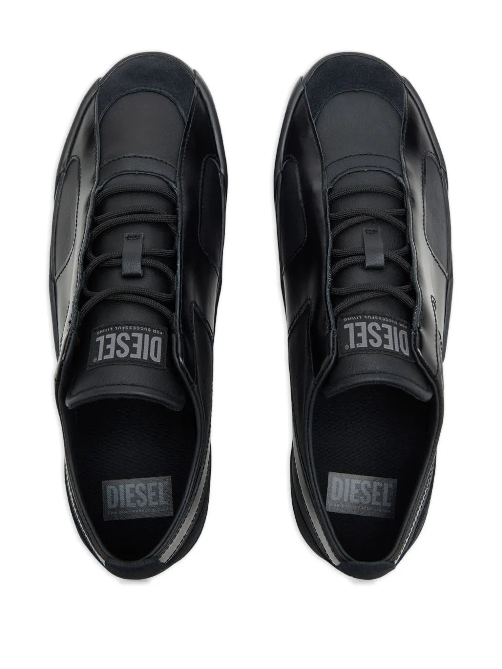 Black leather sneakers with lace-up front and Diesel logo on tongue