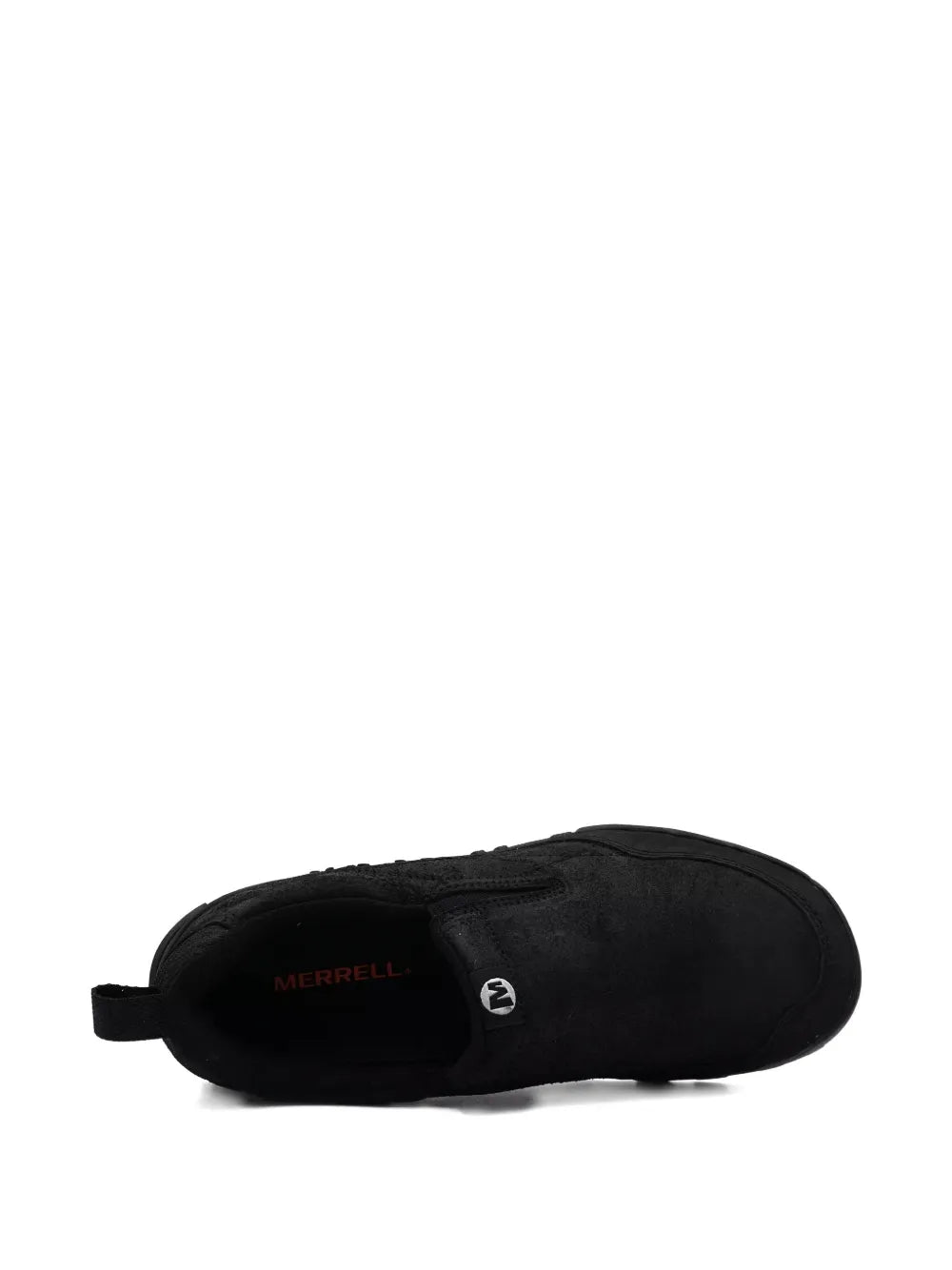 Black slip-on moc-toe trainer with MERRELL logo on heel and molded treaded outsole