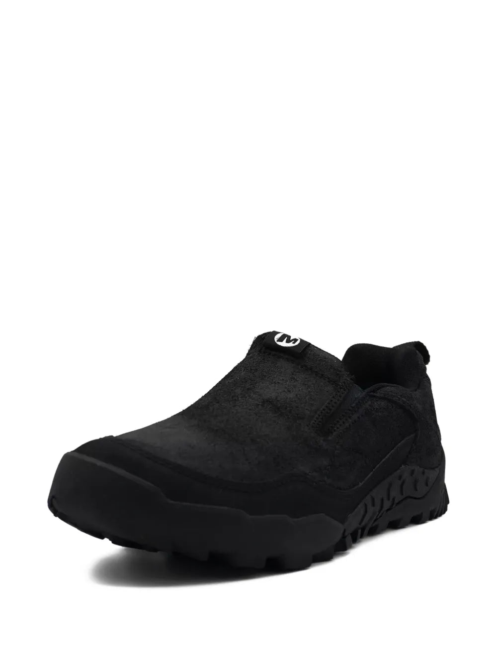 Black slip-on moc-toe trainer with suede-look upper and grippy tread rubber sole