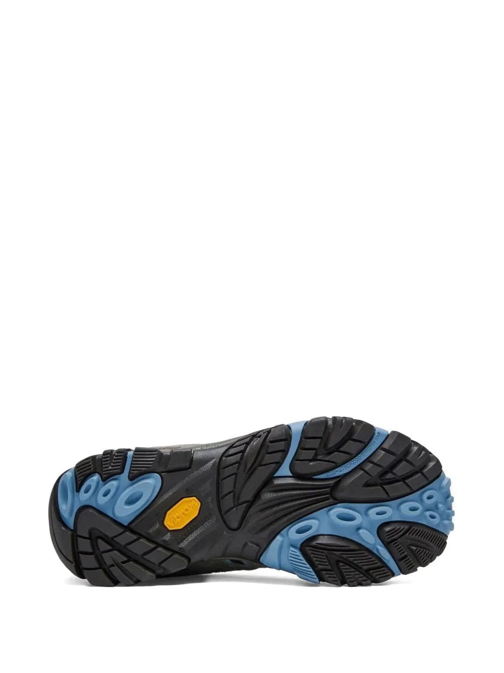 Shoe outsole with blue traction lugs and dark rubber tread