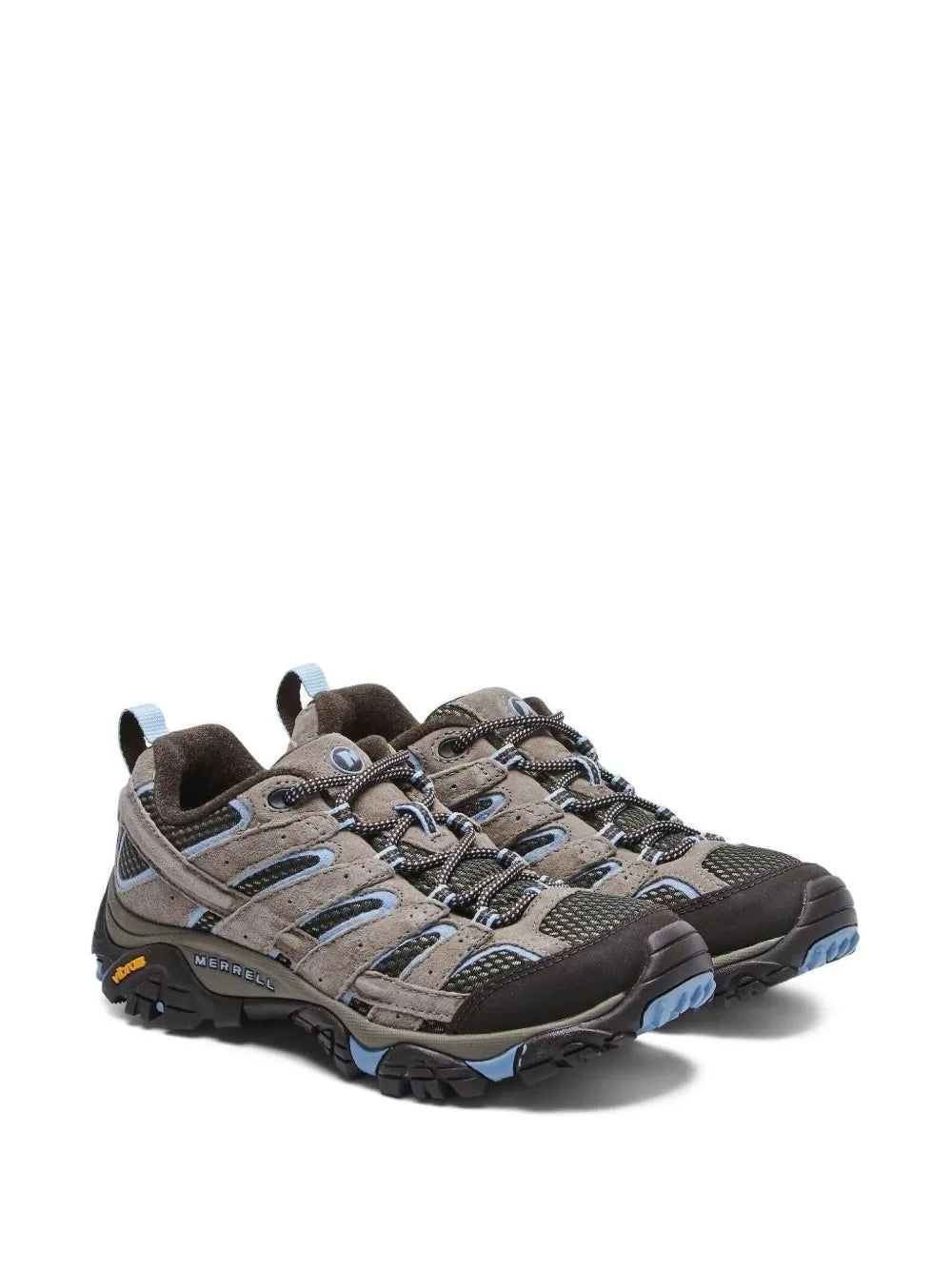 Grey trail trainers with blue lace-up vents, textured panels, chunky outsole