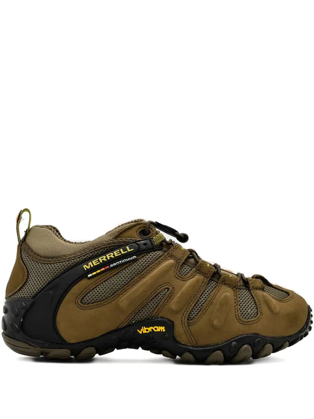 Merrell Cham Ii stretch trainers, brown with black trim, lace-up, Vibram logo