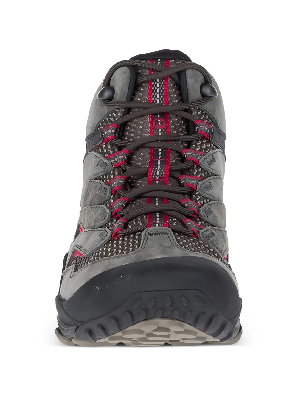 Merrell grey lace-up mid-top trainers with red webbing straps and durable tread sole
