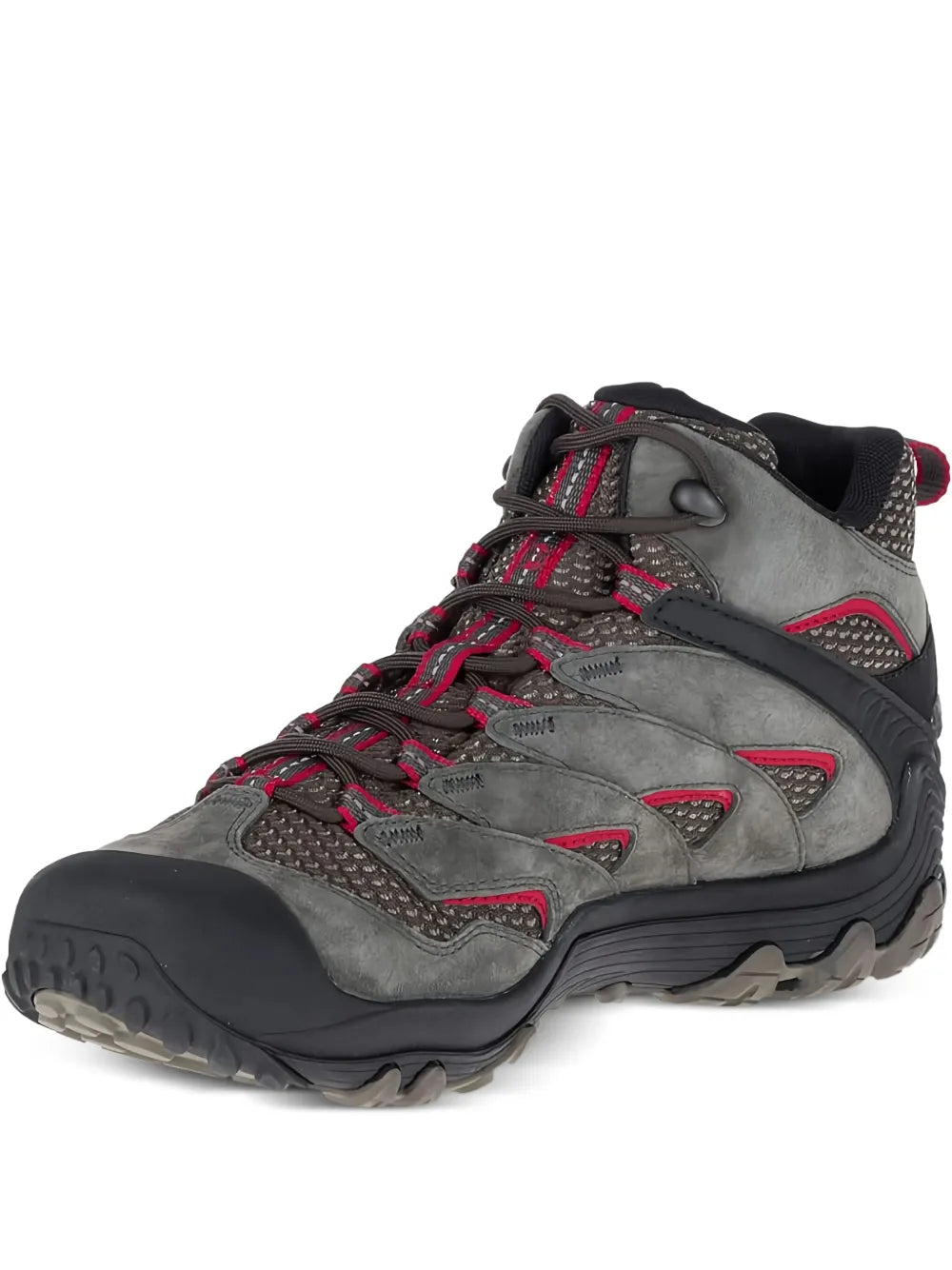 Merrell grey mid-top trainers with red accents, lace-up closure, rugged rubber sole