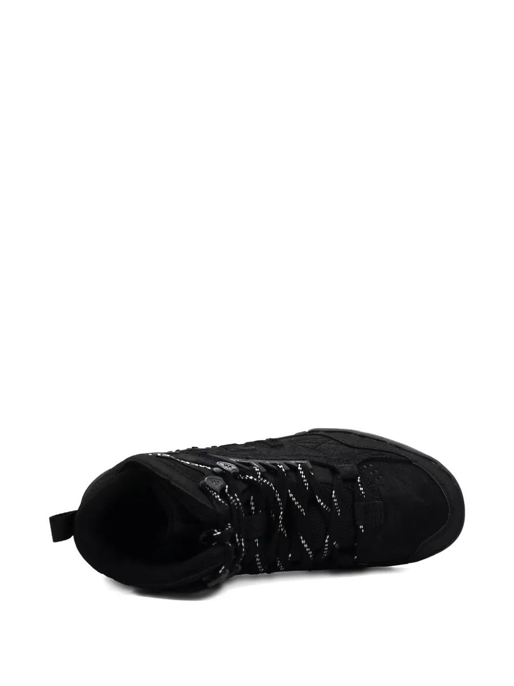Merrell black waterproof mid-top hiking boots, side view with laces visible