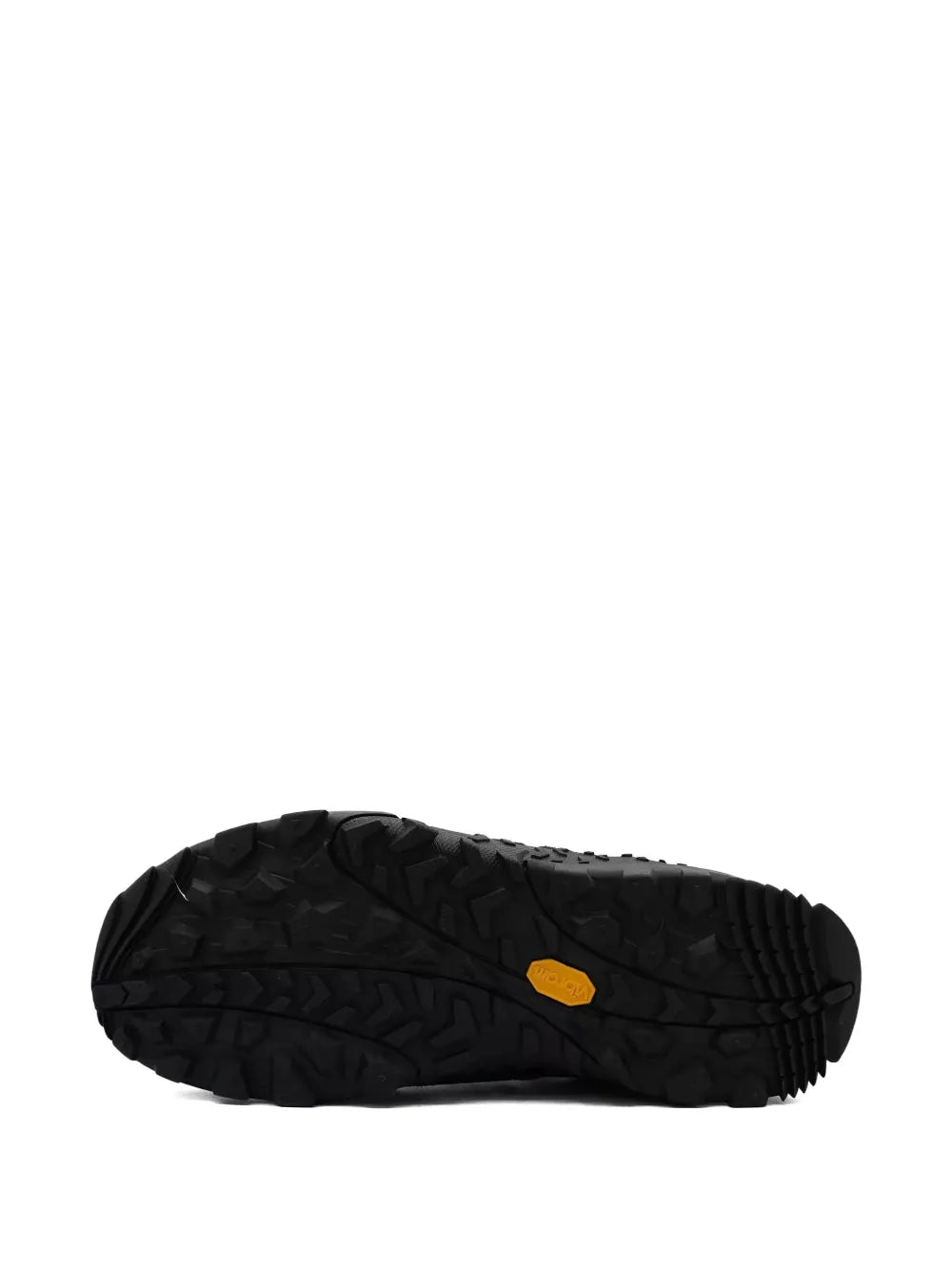 Merrell black waterproof mid-top hiking boots outsole view, textured traction tread