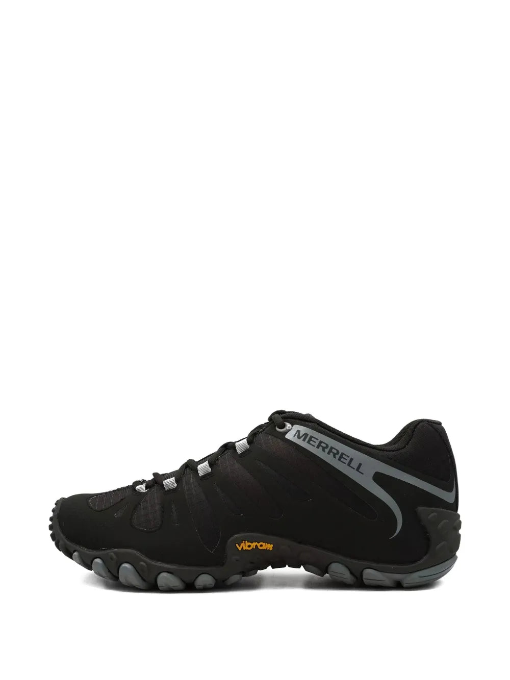 Merrell Cham II Flux trainers in black with Vibram logo on midsole and lace-up upper
