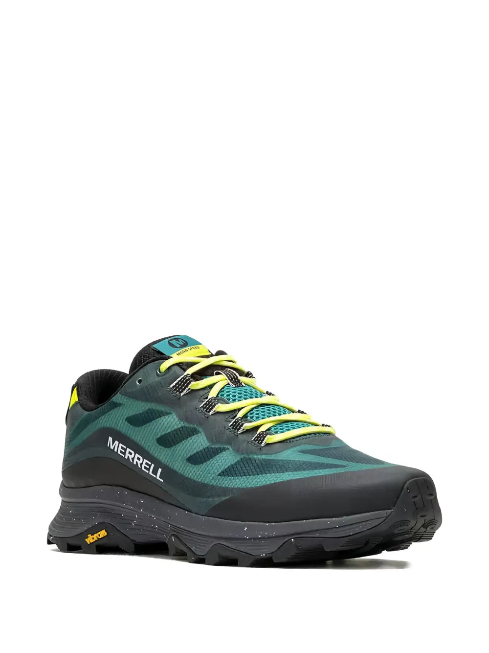 Merrell Moab Speed trainers, dark green camo upper with black toe and neon yellow laces