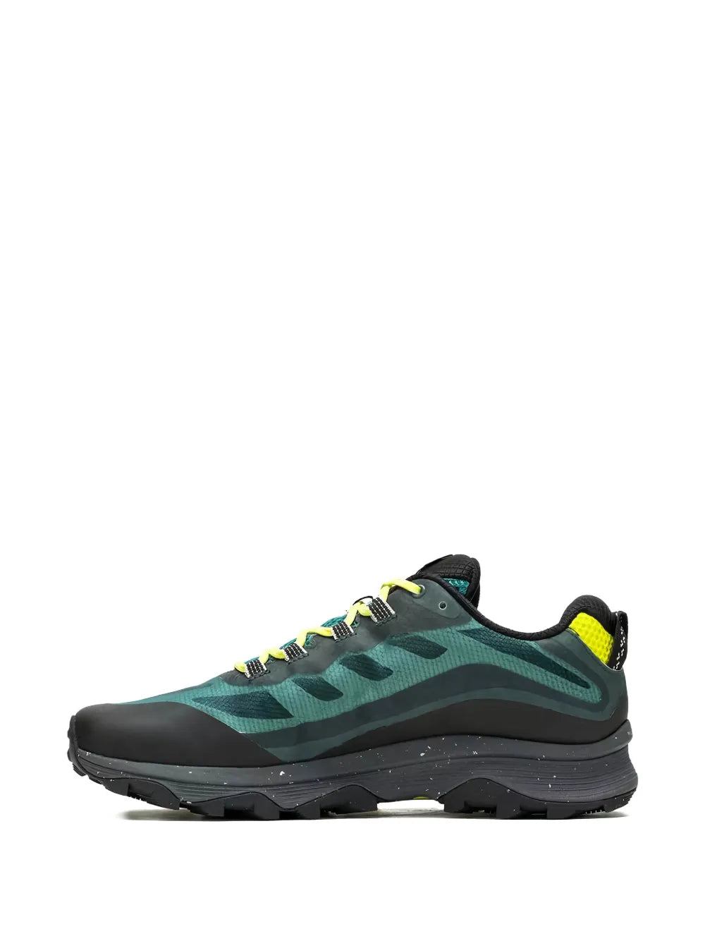 Merrell Moab Speed trainers, dark green and black with neon yellow accents, side view