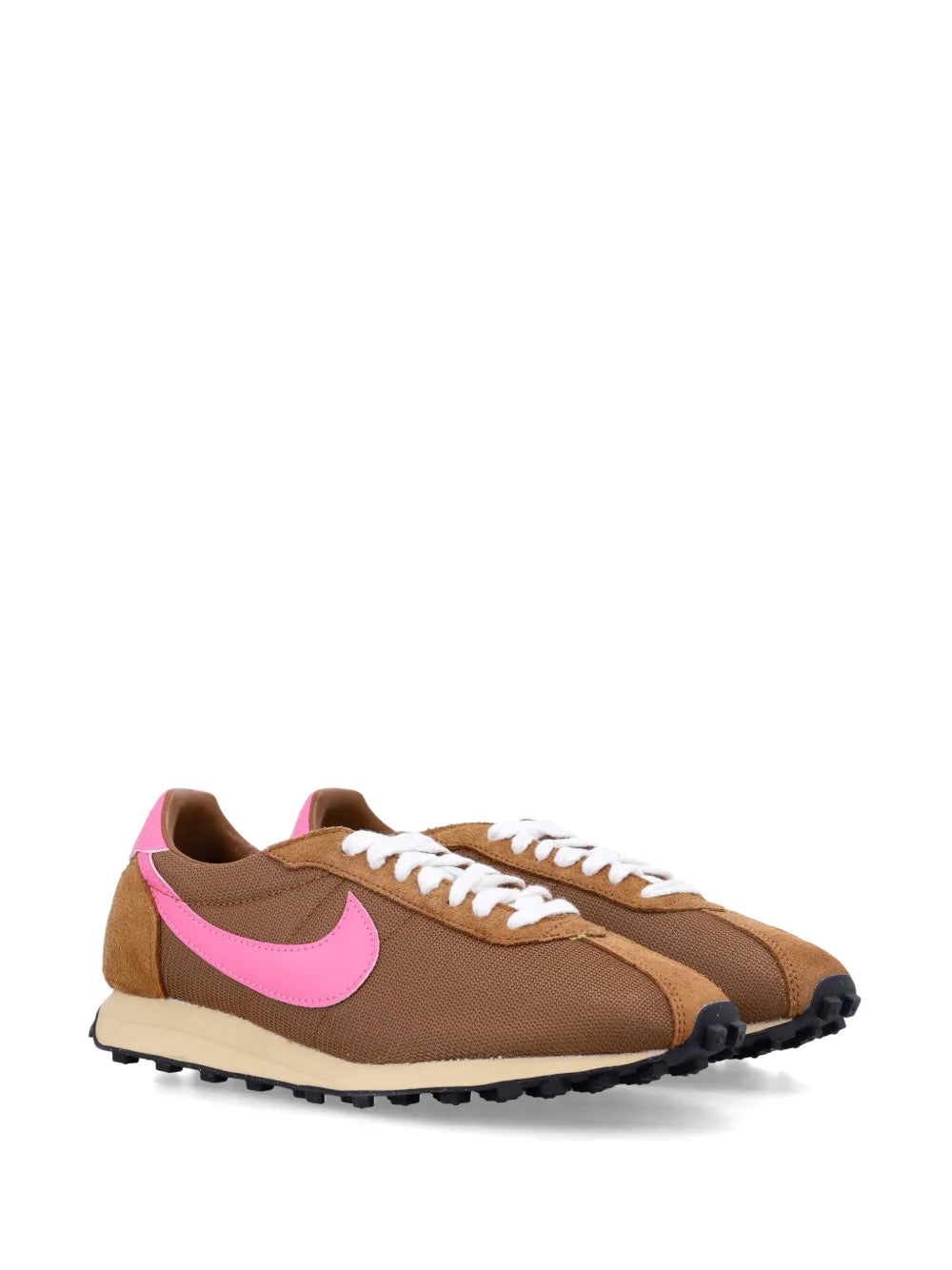 Nike LD-1000 retro running sneakers, side angle in brown with neon pink swoosh