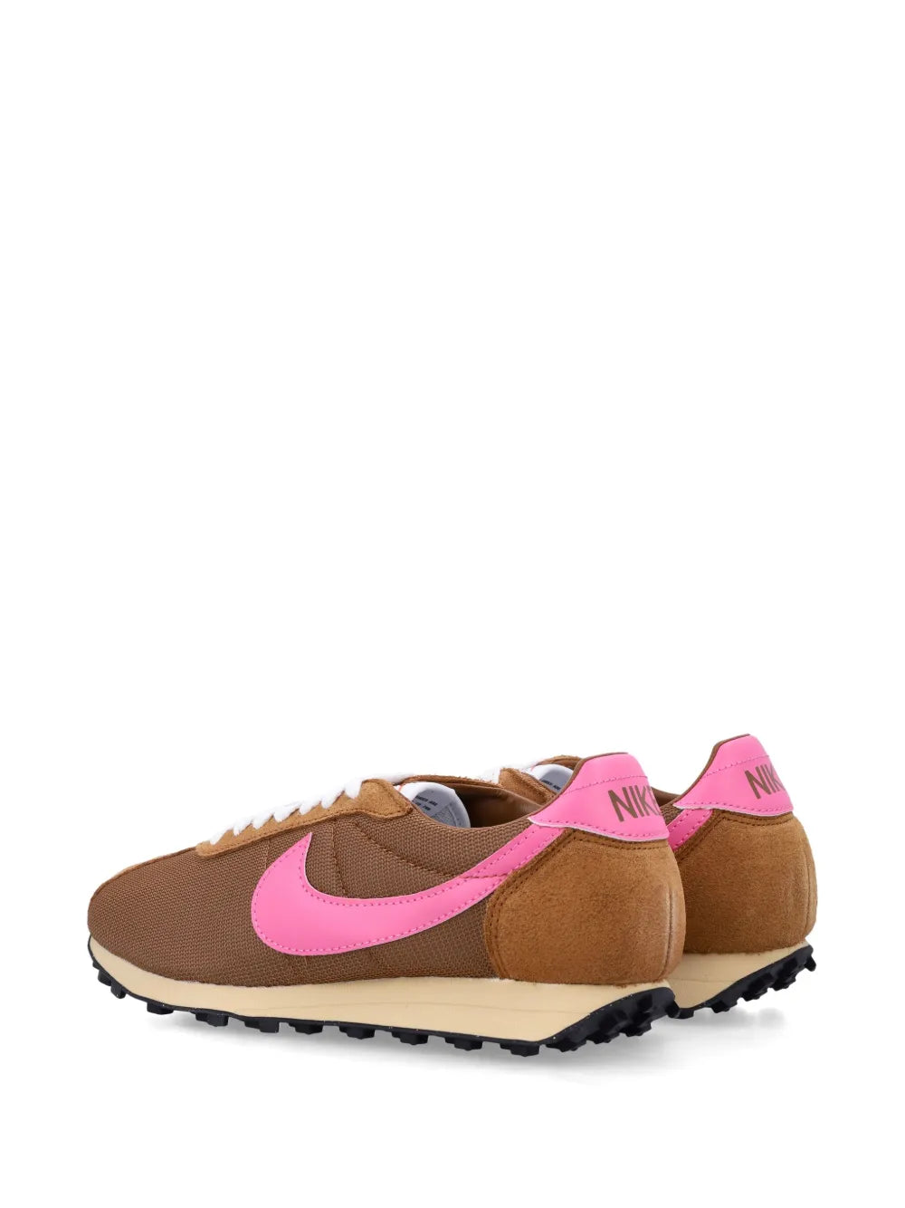 Nike LD-1000 retro running sneakers, rear quarter view in brown with pink swoosh accents