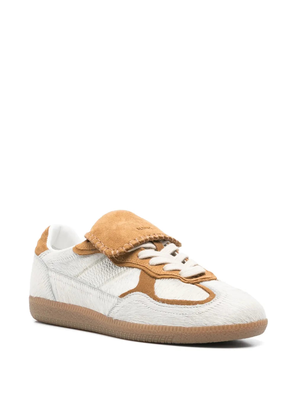 Light grey club sneakers with tan suede quarter panels, white laces, gum sole