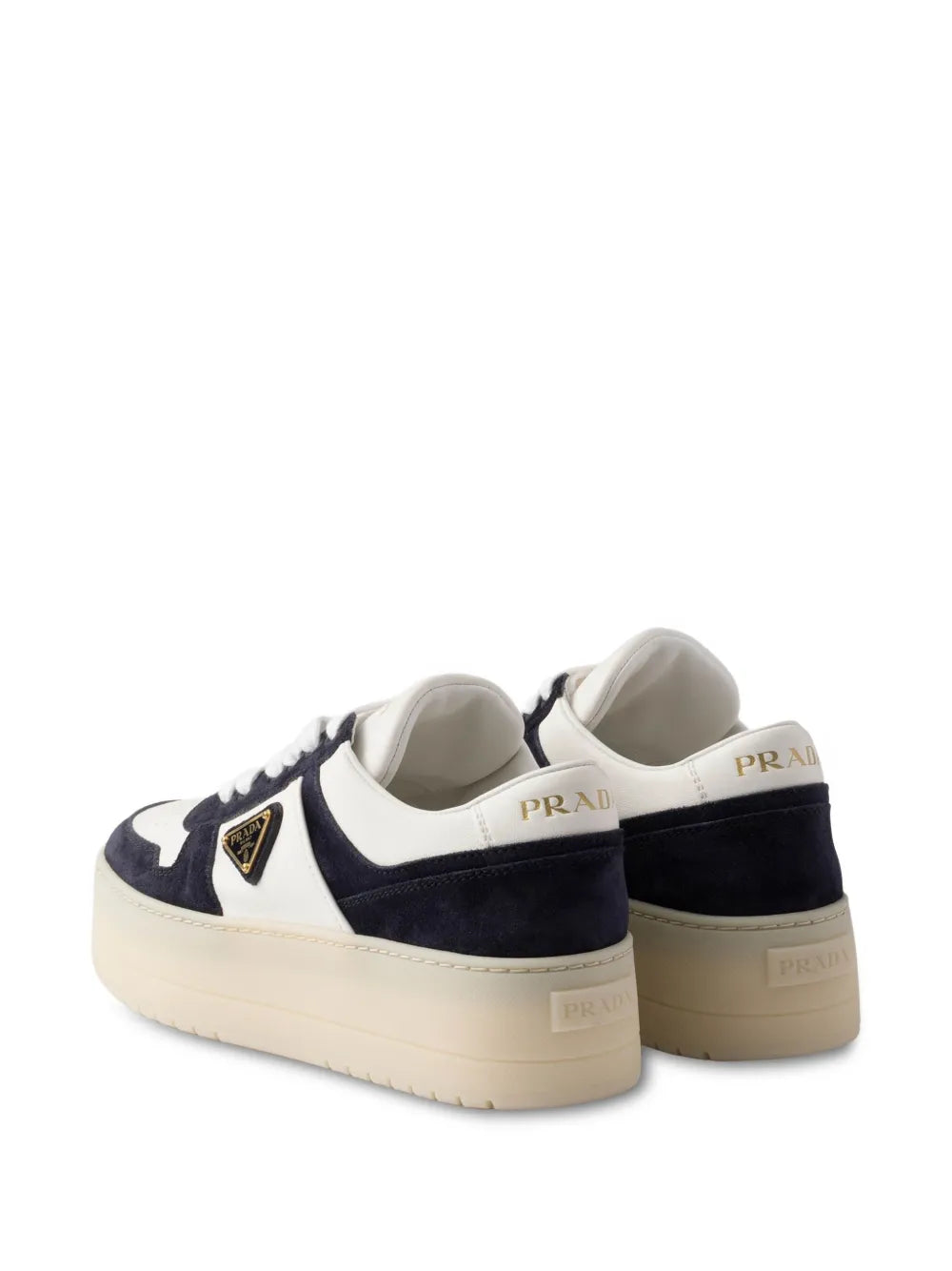 Navy and white lace-up platform sneakers with heel tab and back branding
