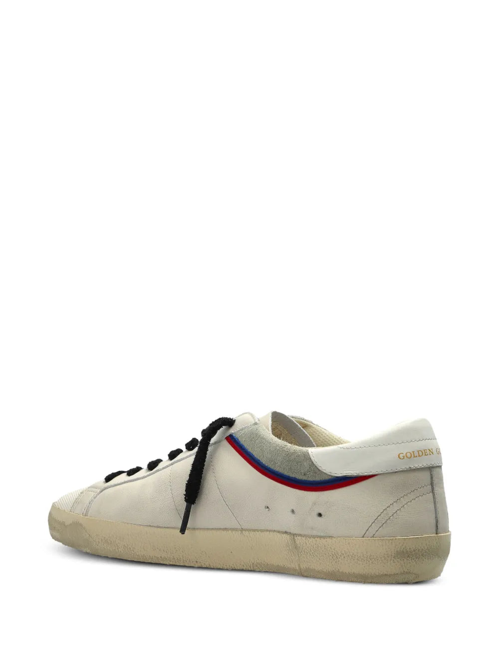 Golden Goose Super-Star sneakers, white leather back view with black lace-up and beige sole