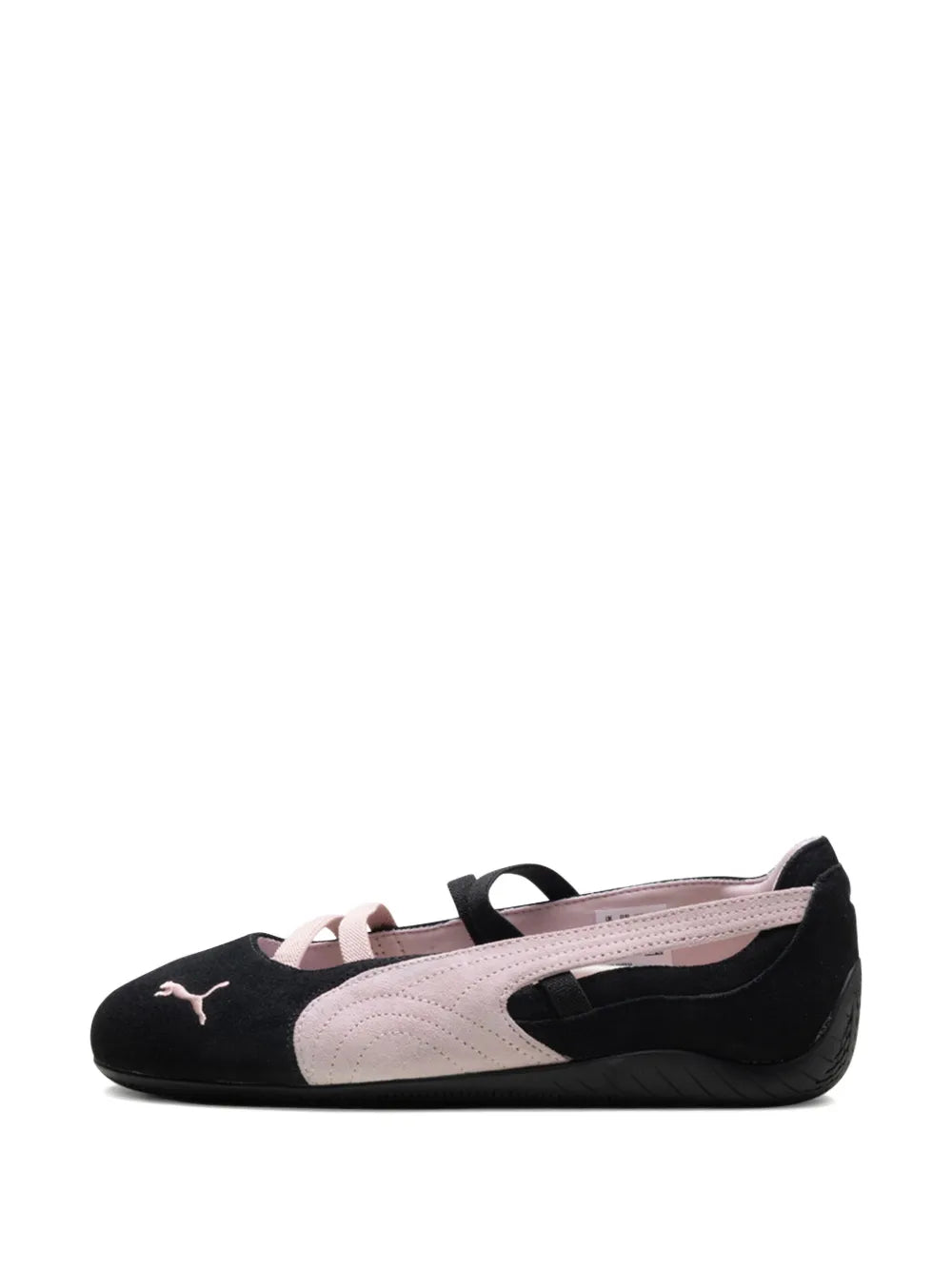 PUMA Speedcat ballet flats, black and light pink color-block, lace-up bows