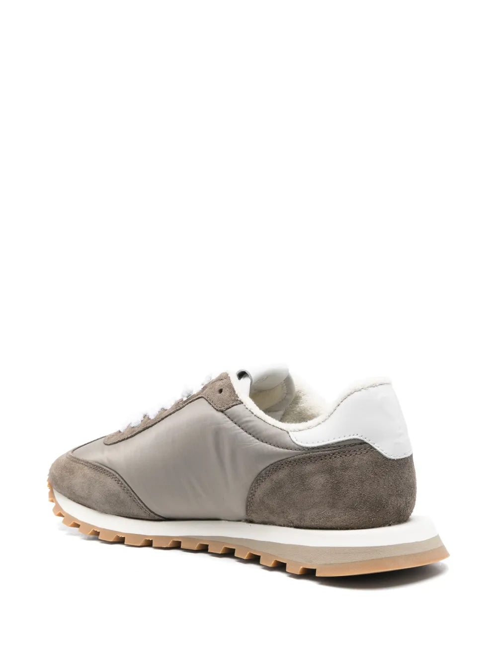 Ash grey and off-white suede sneakers with white laces and flat gum sole