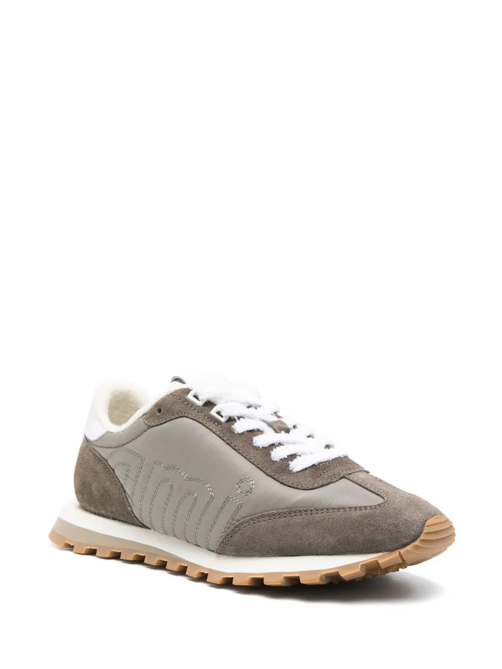 Ash grey suede low-top sneakers with white laces and off-white lining