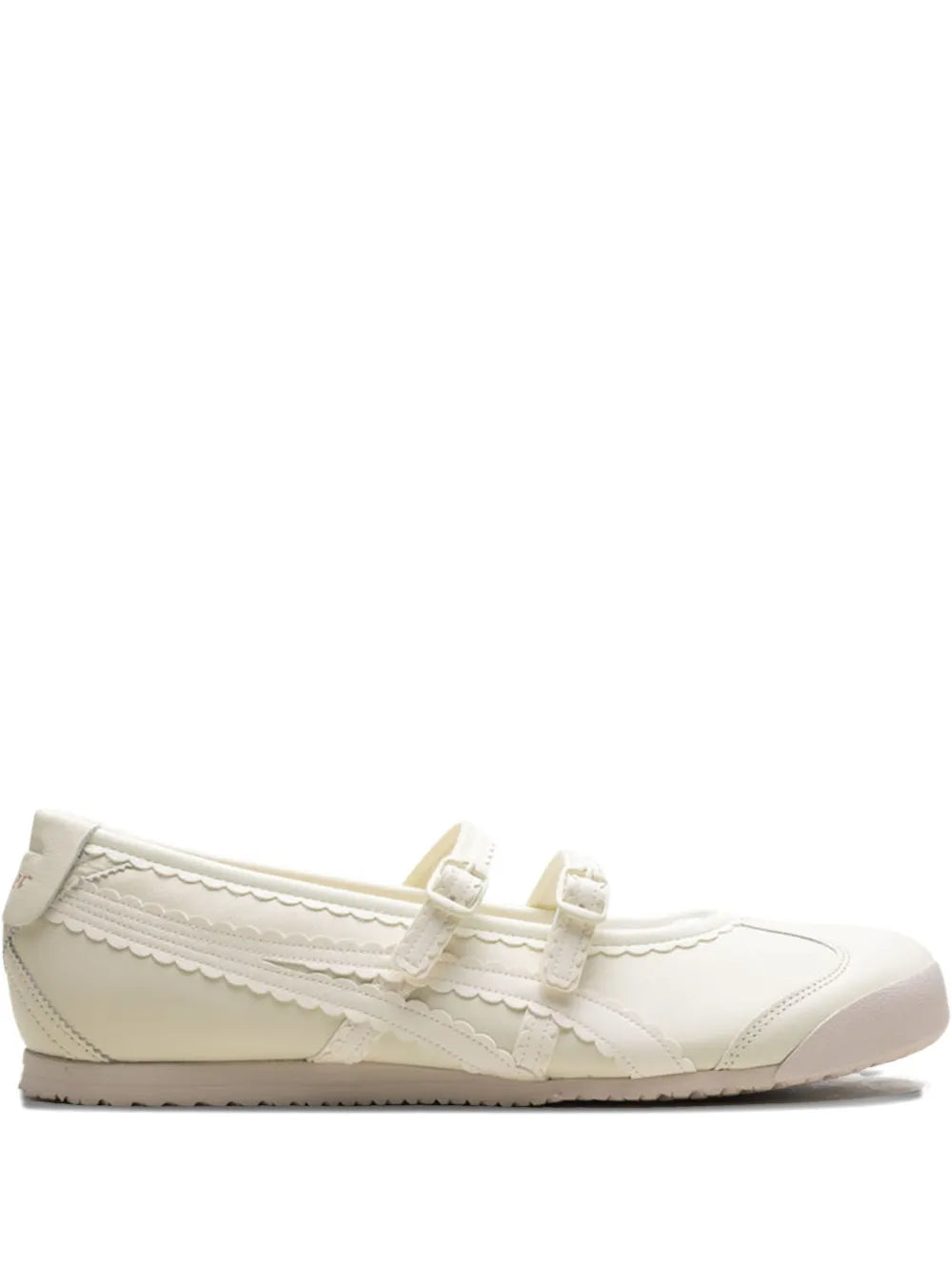 Cream low-top lace-up sneaker with side stripe and scalloped detail along the upper