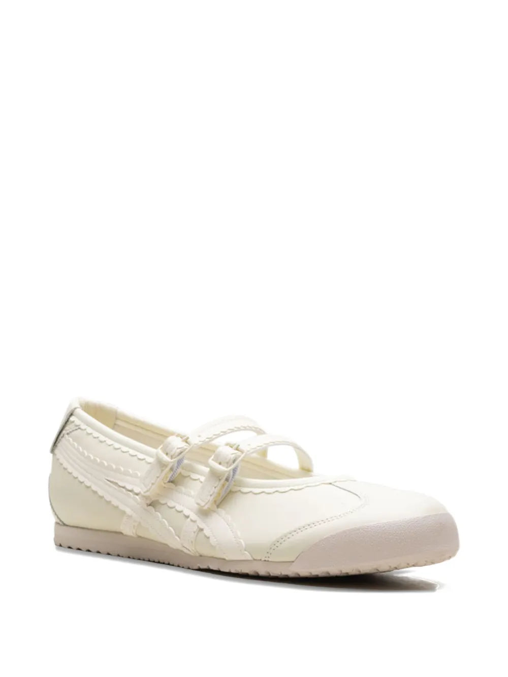 Cream low-top lace-up sneaker with woven strap detail and padded collar