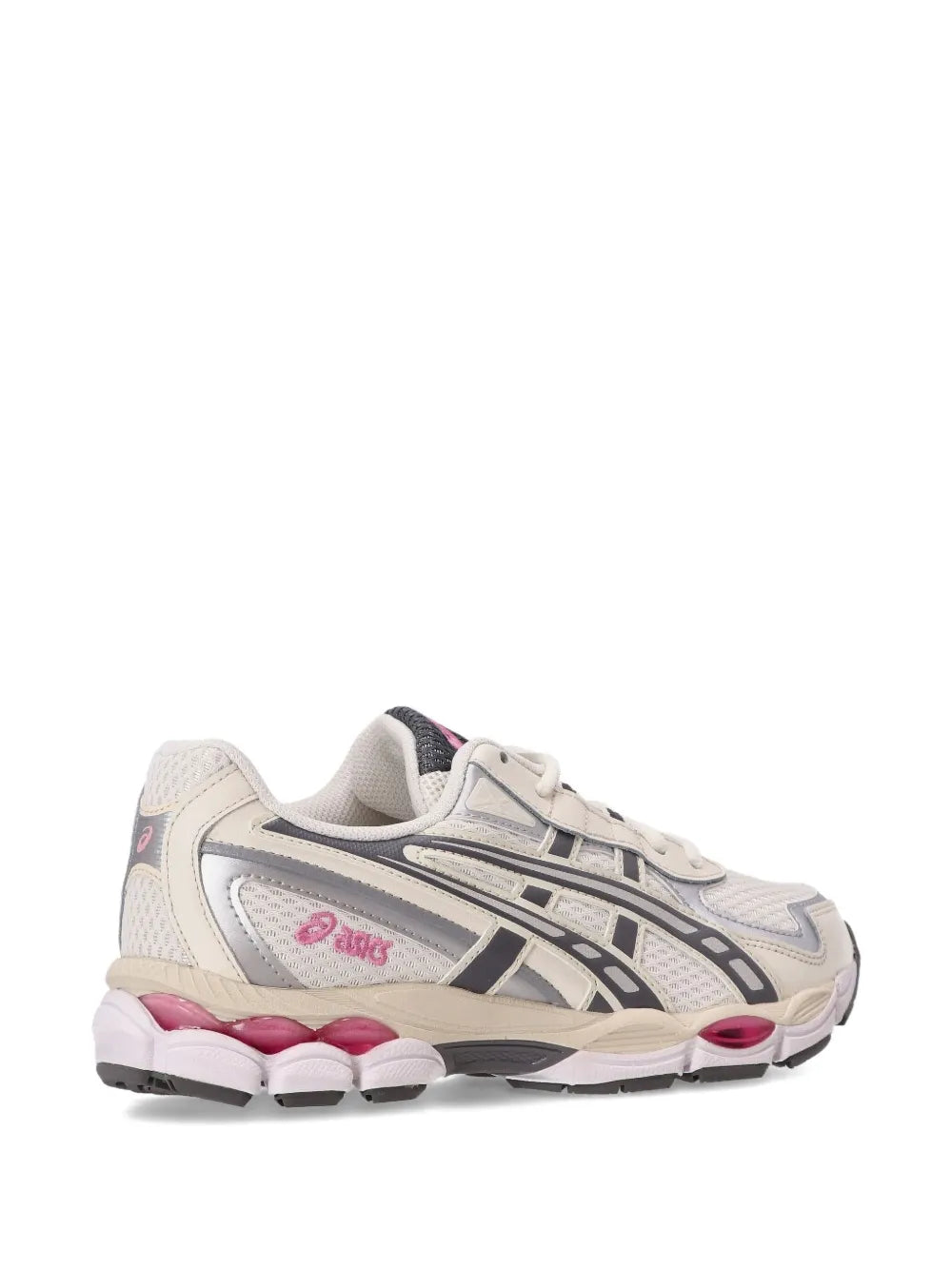 White and gray running sneakers with pink logo accents, lace-up design