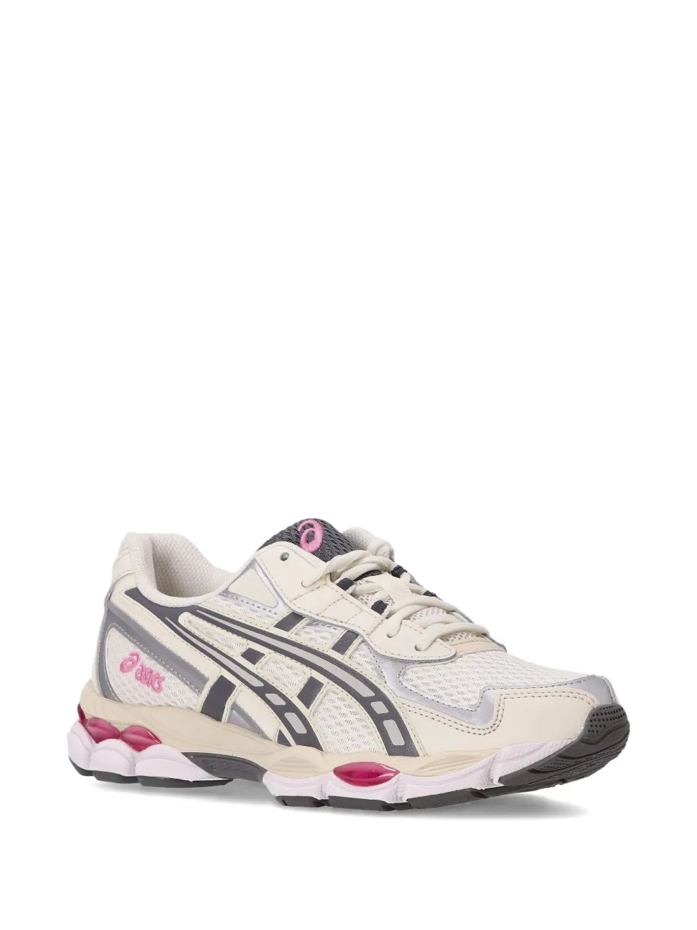 White/gray lace-up running sneakers with magenta eyelets and chunky GEL midsole