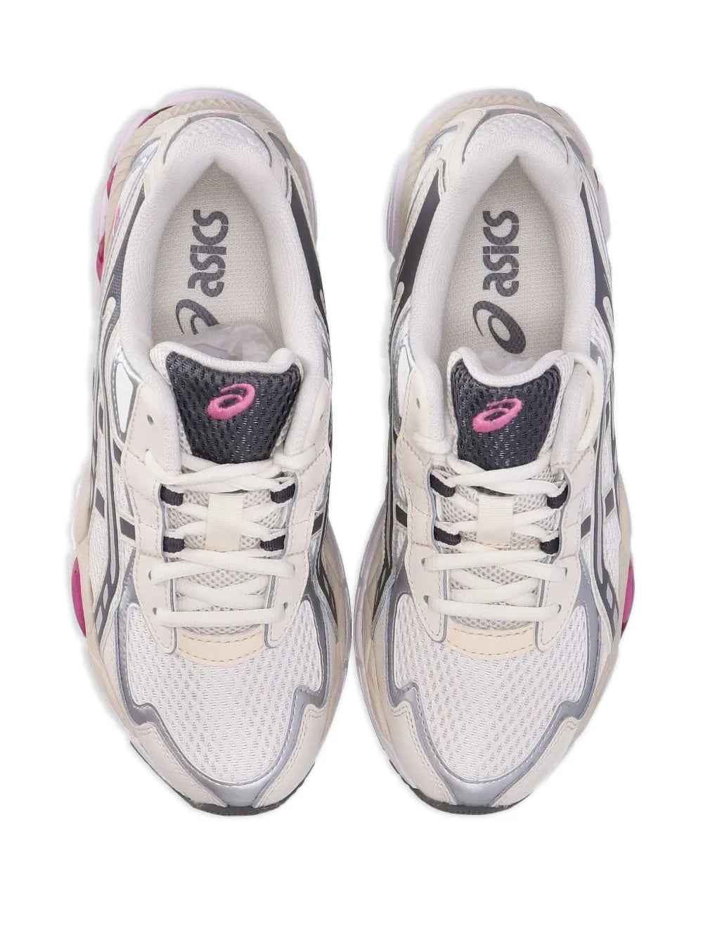 Pair of white lace-up sneakers with ASICS logo on tongue and heel padding