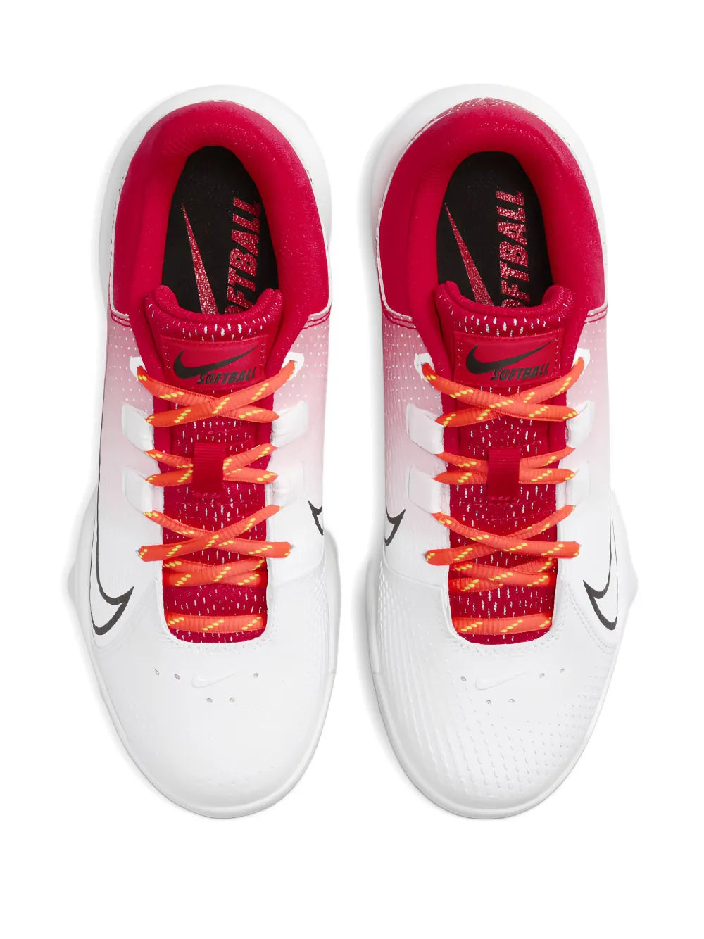 Front lace-up soccer cleats with white upper, red lining, and orange-red laces