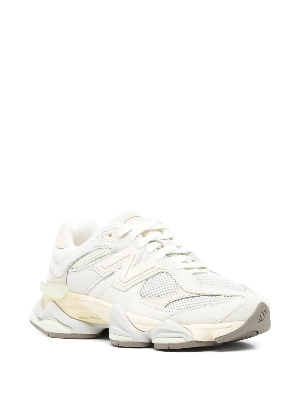 Ecru New Balance 9060 low-top sneakers, lace-up with mesh upper and cushioned sole