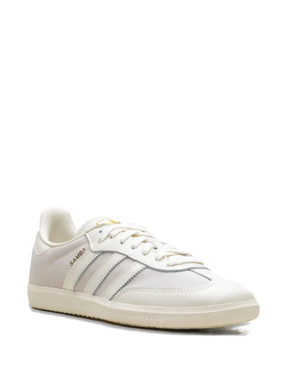 Off-white low-top sneakers with lace-up front and three-bar stripe detail