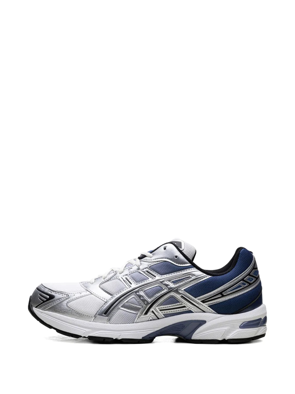 Asics Gel-1130 running shoes, silver with navy blue stripes, lace-up front view