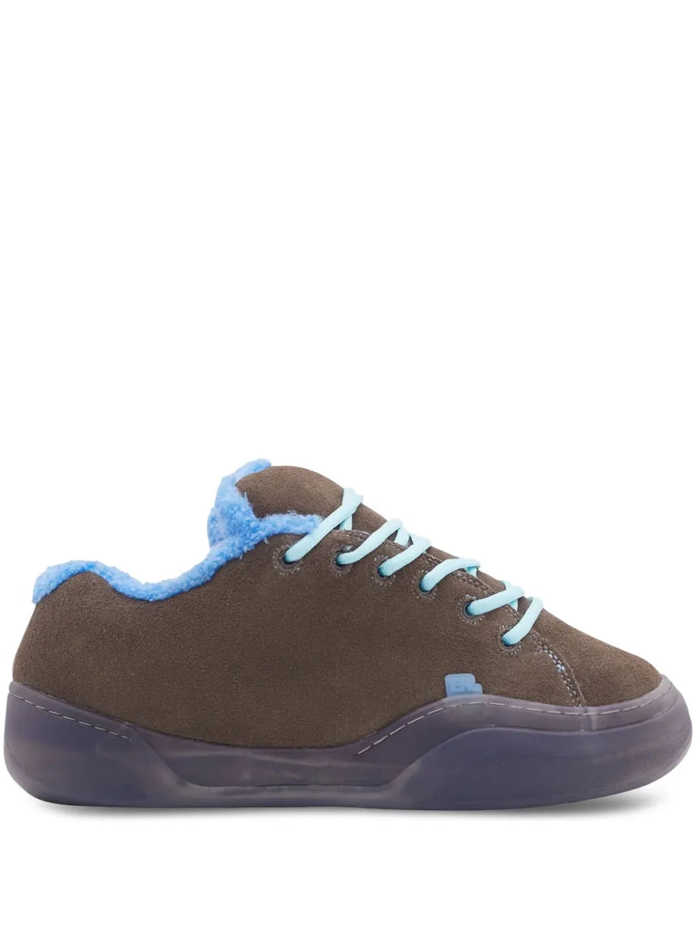 ERL Vamp brown suede sneakers with blue lining, lace-up design, cushioned sole