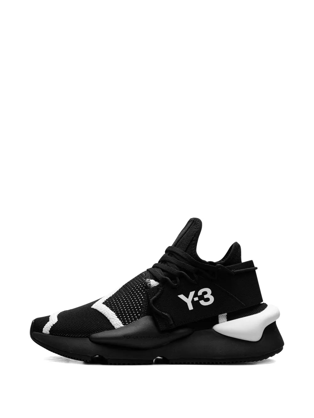 Black Y-3 Kaiwa sneaker, front three-quarter view with white side stripe