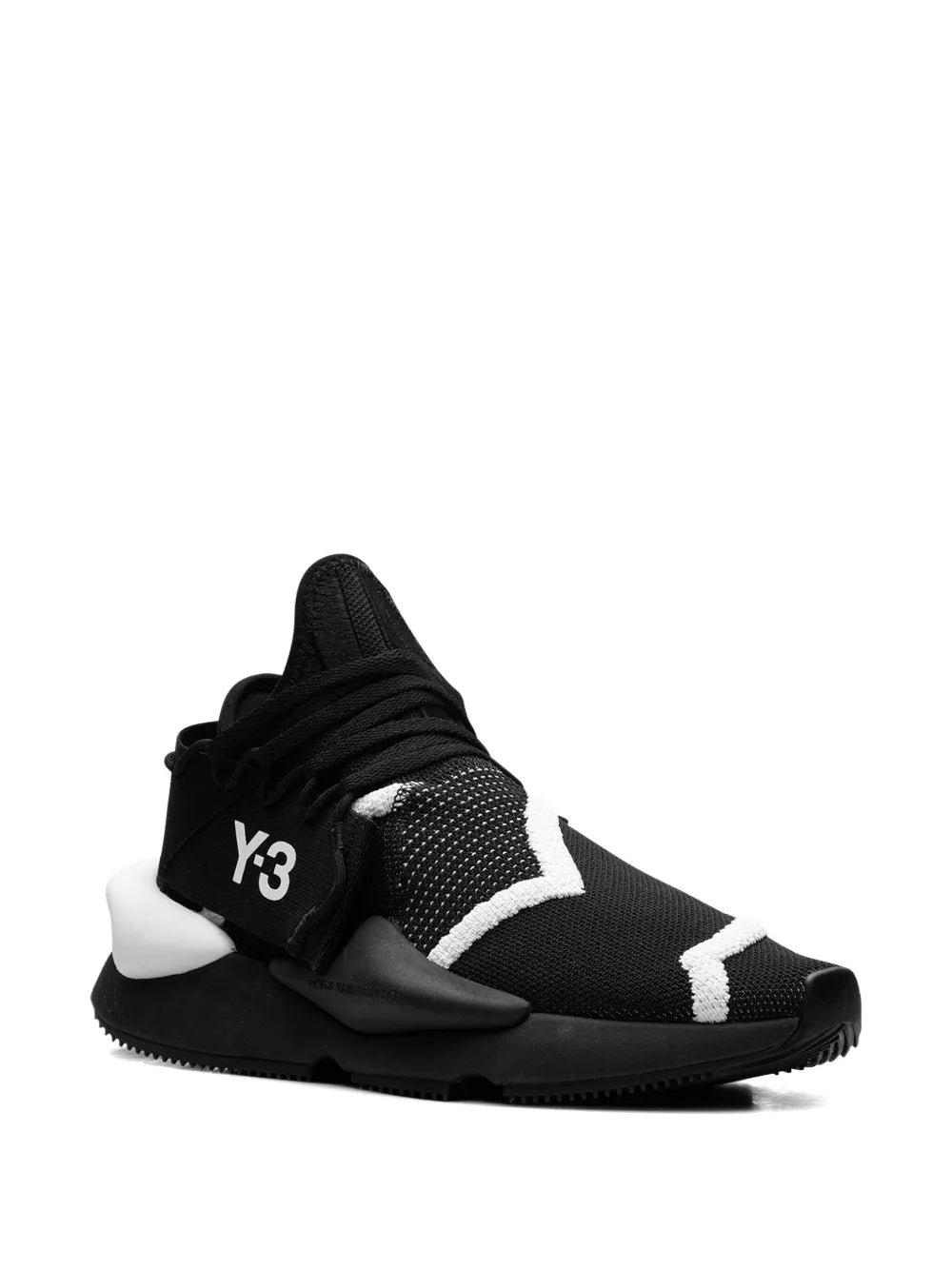 Black Y-3 Kaiwa sneaker, side view with knit texture and white stripe detail