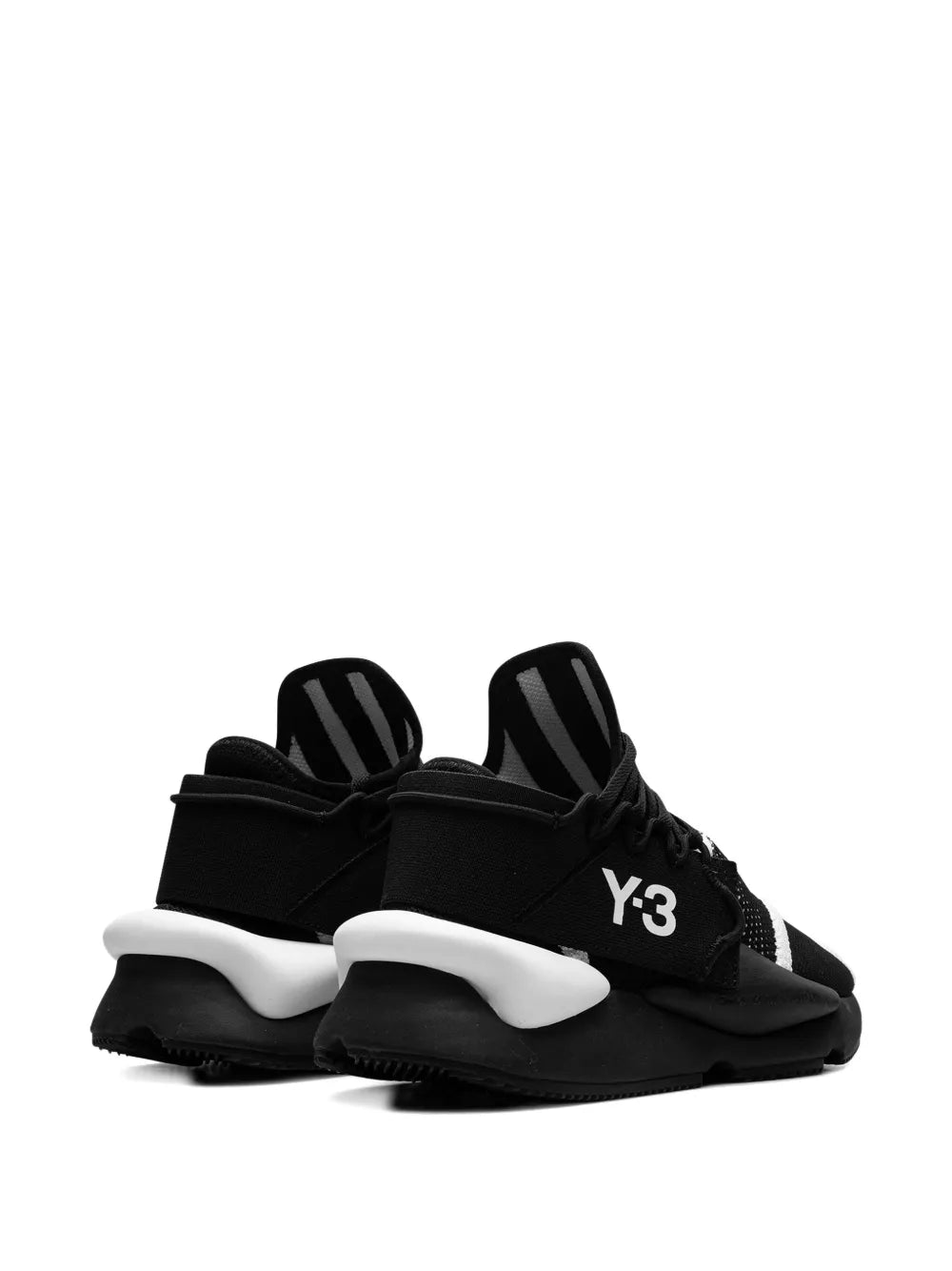 Black Y-3 Kaiwa sneaker pair, rear angle with chunky white heel tabs