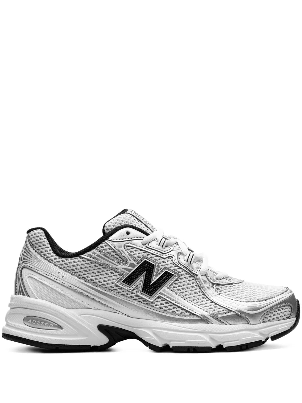 Athletic sneaker, metallic silver upper with black N logo, lace-up design.