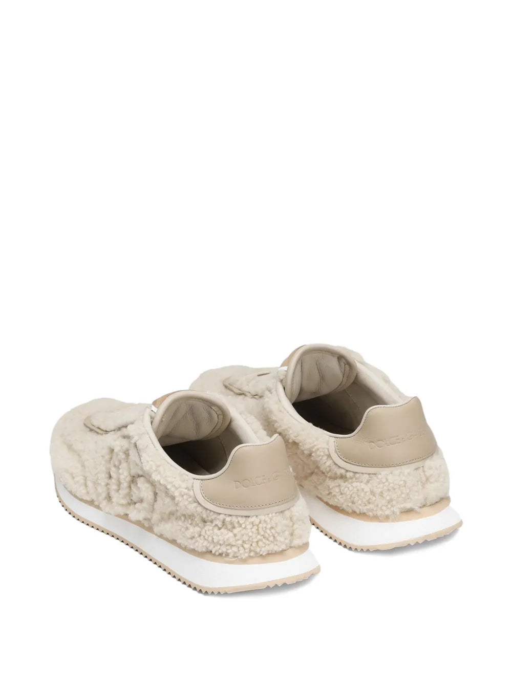 Beige shearling sneakers with back heel tab and padded collar, side DG detailing
