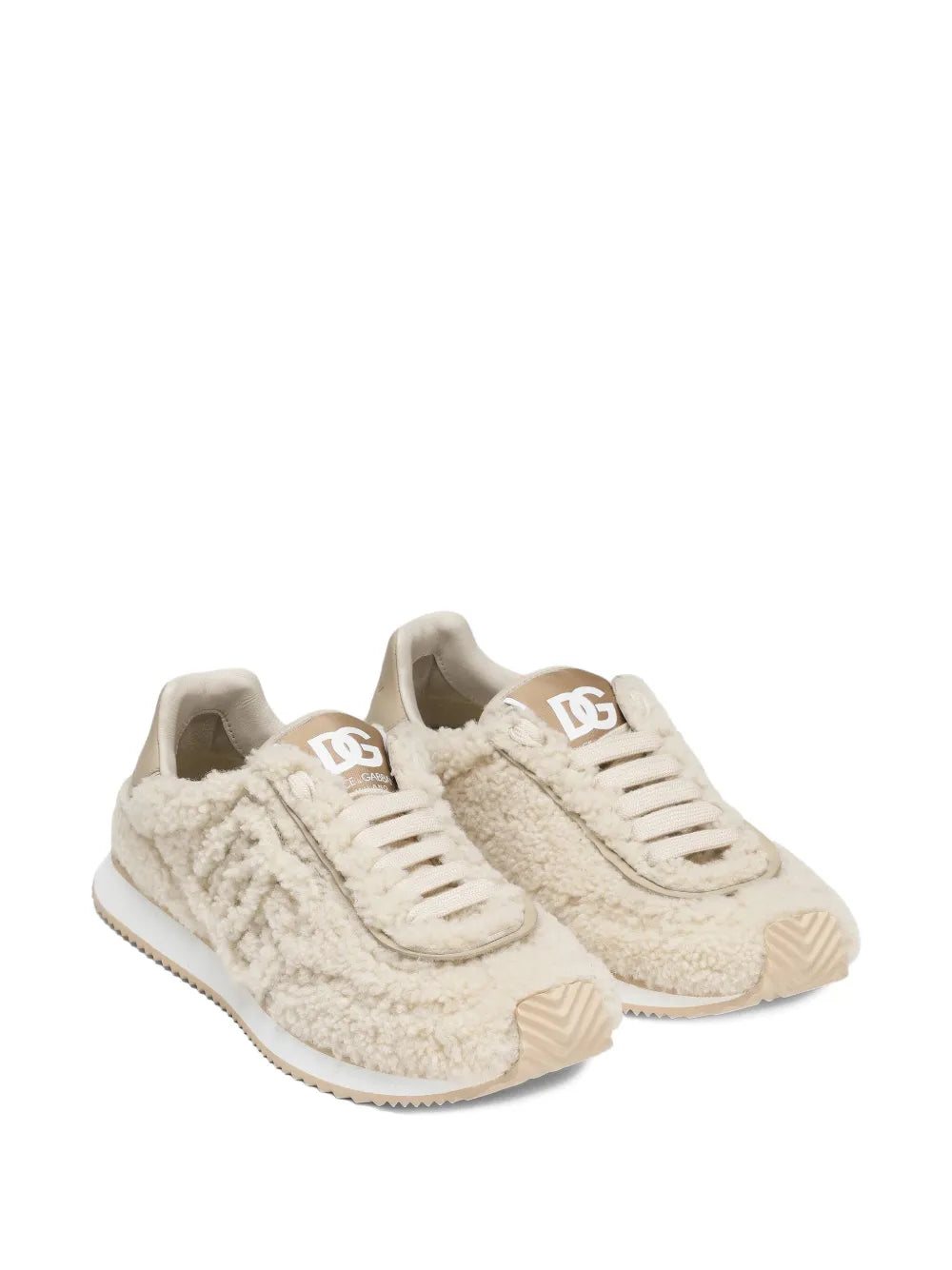 Beige shearling sneakers, lace-up with DG tongue logo, cushioned sole