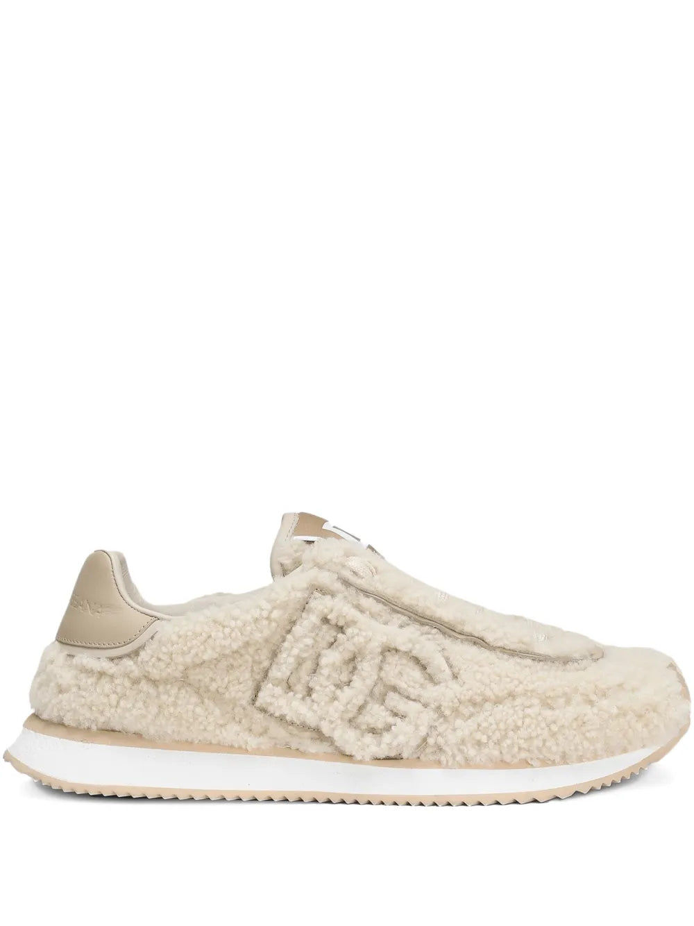 Beige shearling sneakers with lace-up front and DG side logo, low-profile sole