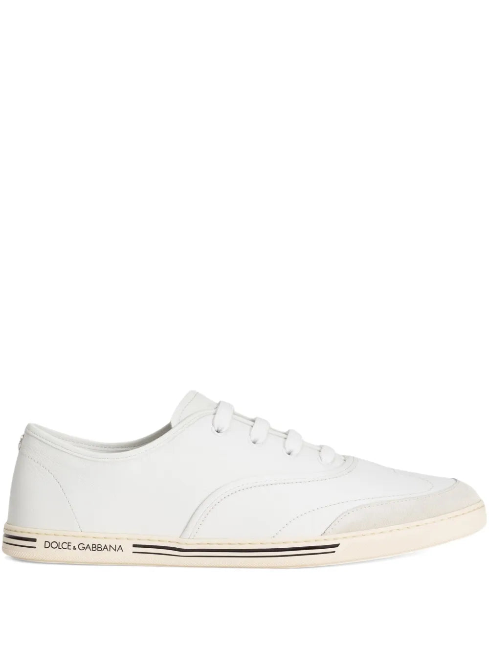 White lace-up leather trainers with side stripe and logo