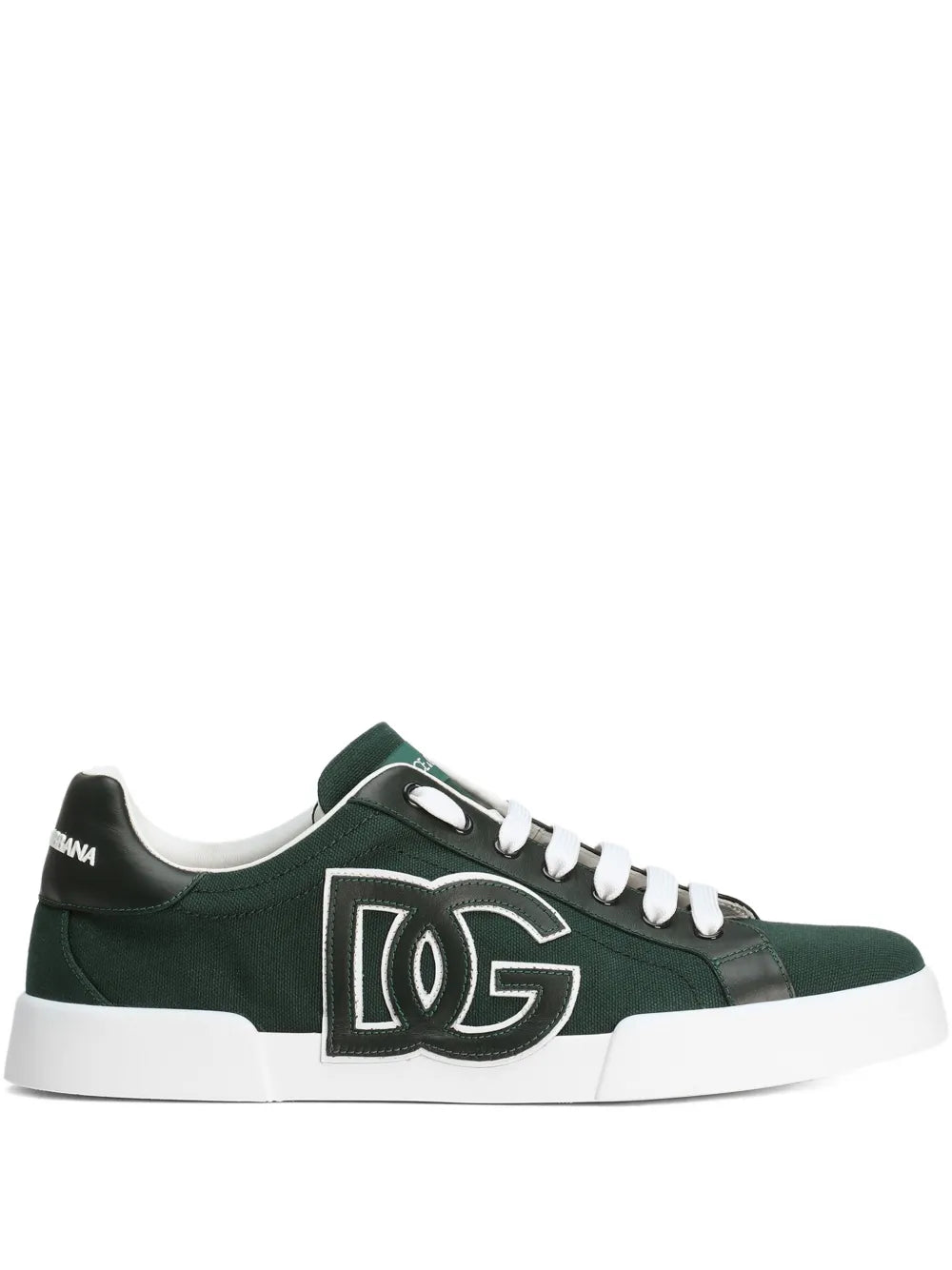 Green Dolce & Gabbana Portofino sneakers with DG logo, white laces and white sole.