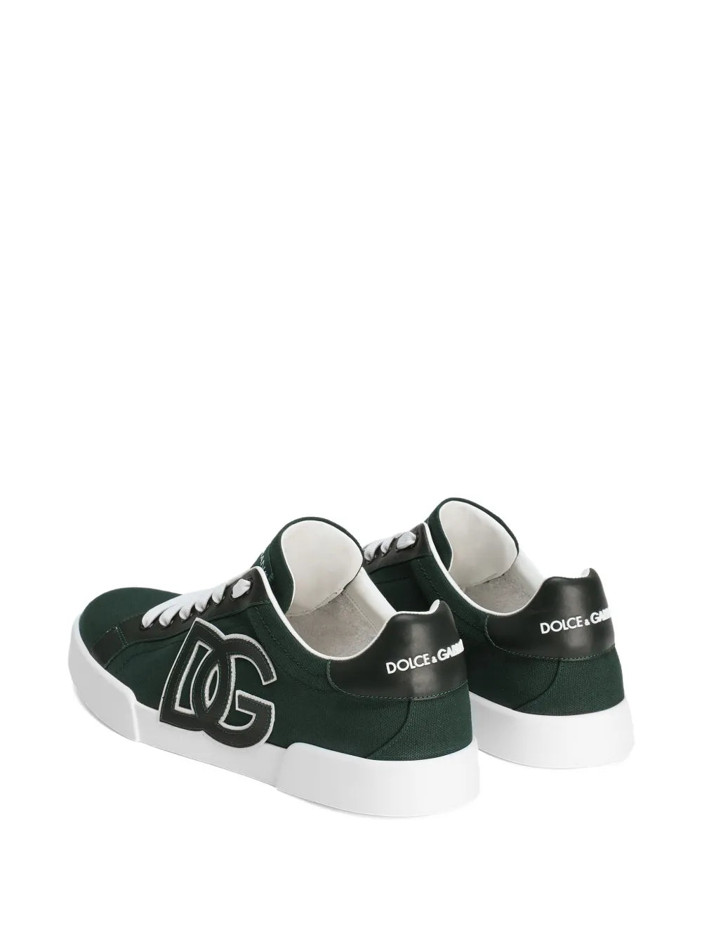 Back and side view of green Dolce & Gabbana Portofino sneakers with DG heel logo.
