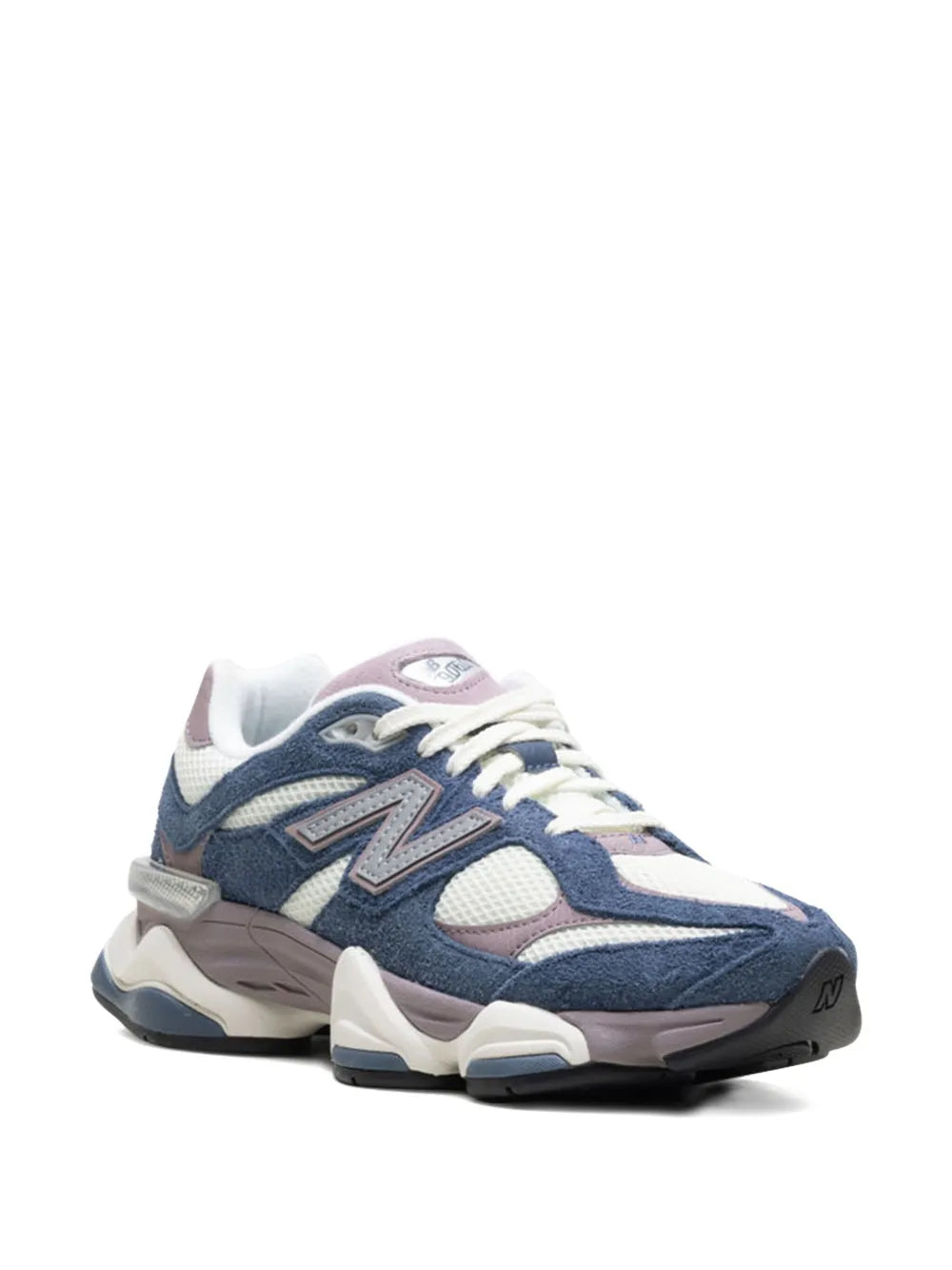 New Balance lace-up sneakers in navy with light gray and ice wine accents, side view