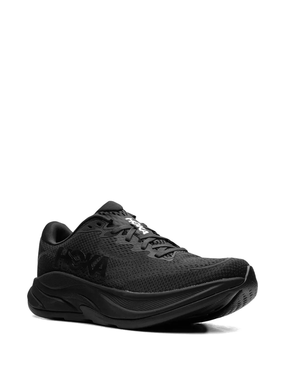 Hoka Rincon 4 triple-black sneakers, side view with patterned mesh upper