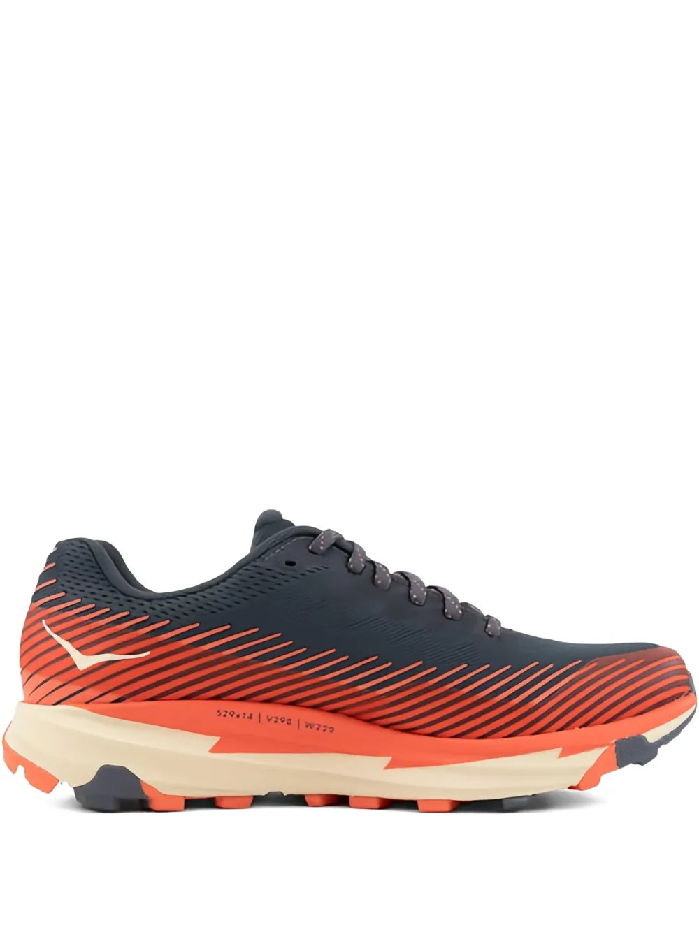HOKA trail running shoe with dark upper and orange stripe pattern