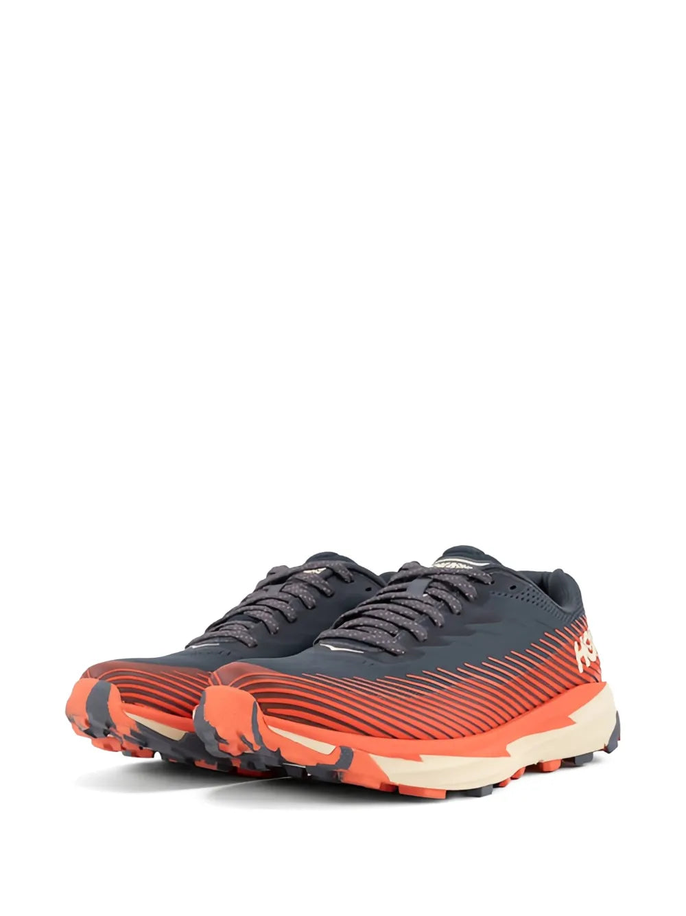 HOKA trail running shoe pair with dark uppers, orange striped sides, and treaded soles