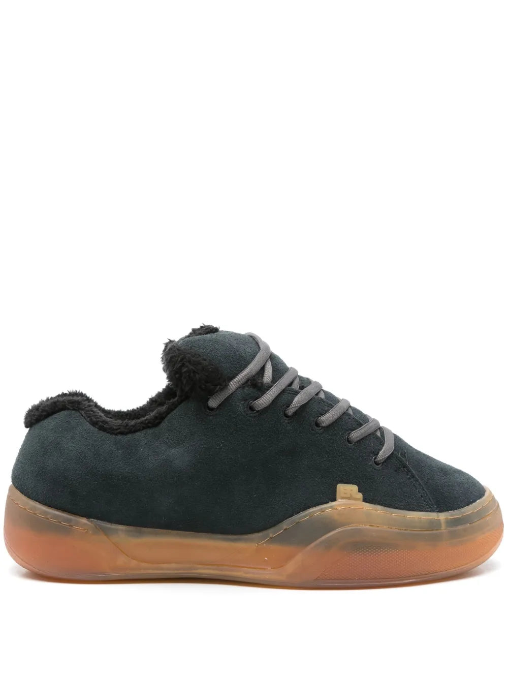 Dark suede low-top lace-up sneakers with shearling lining and gum sole
