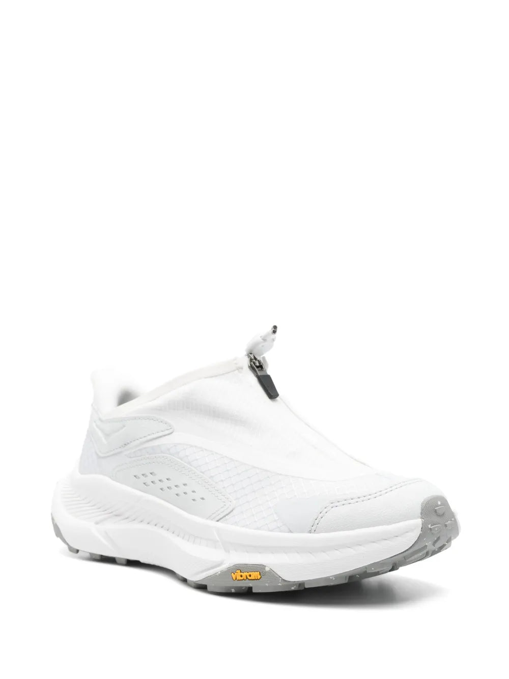 White Hoka sneakers, side view with perforated paneling and black heel pull tab