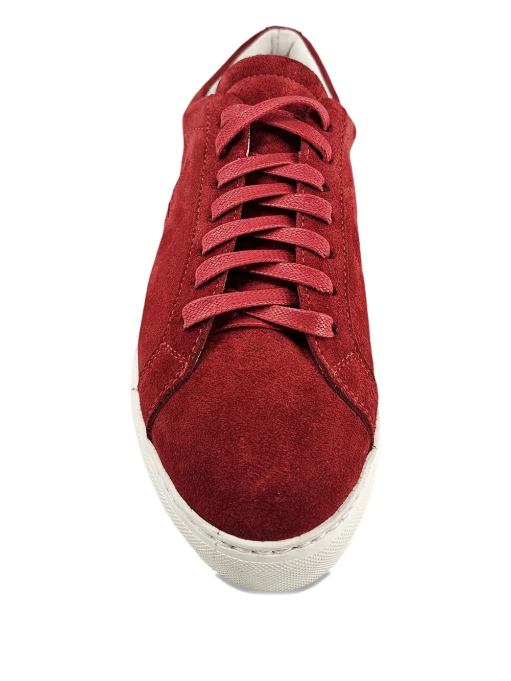 Red suede sneakers front view with lace-up design and textured rubber sole